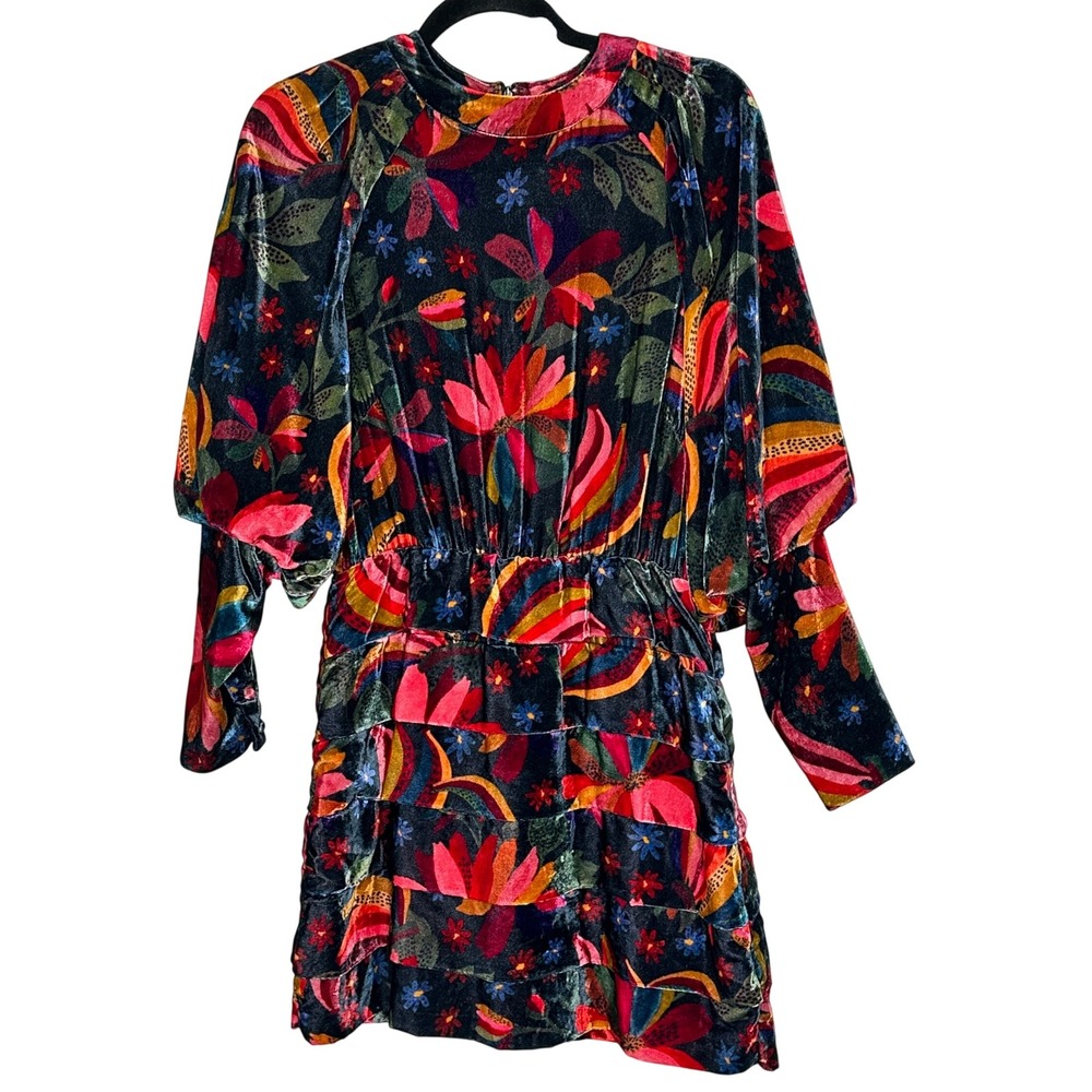 FARM Rio Velvet Banana Sky Floral Mini Dress Tiered Long Sleeve Size Small - Picture 1 of 16